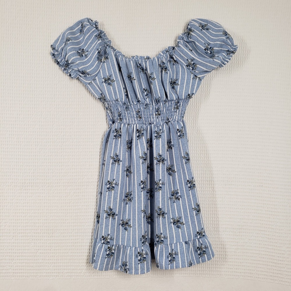 No Comment Floral Striped Dress Girls 14 Blue Smocked Puff Sleeve Cottagecore - Picture 3 of 13